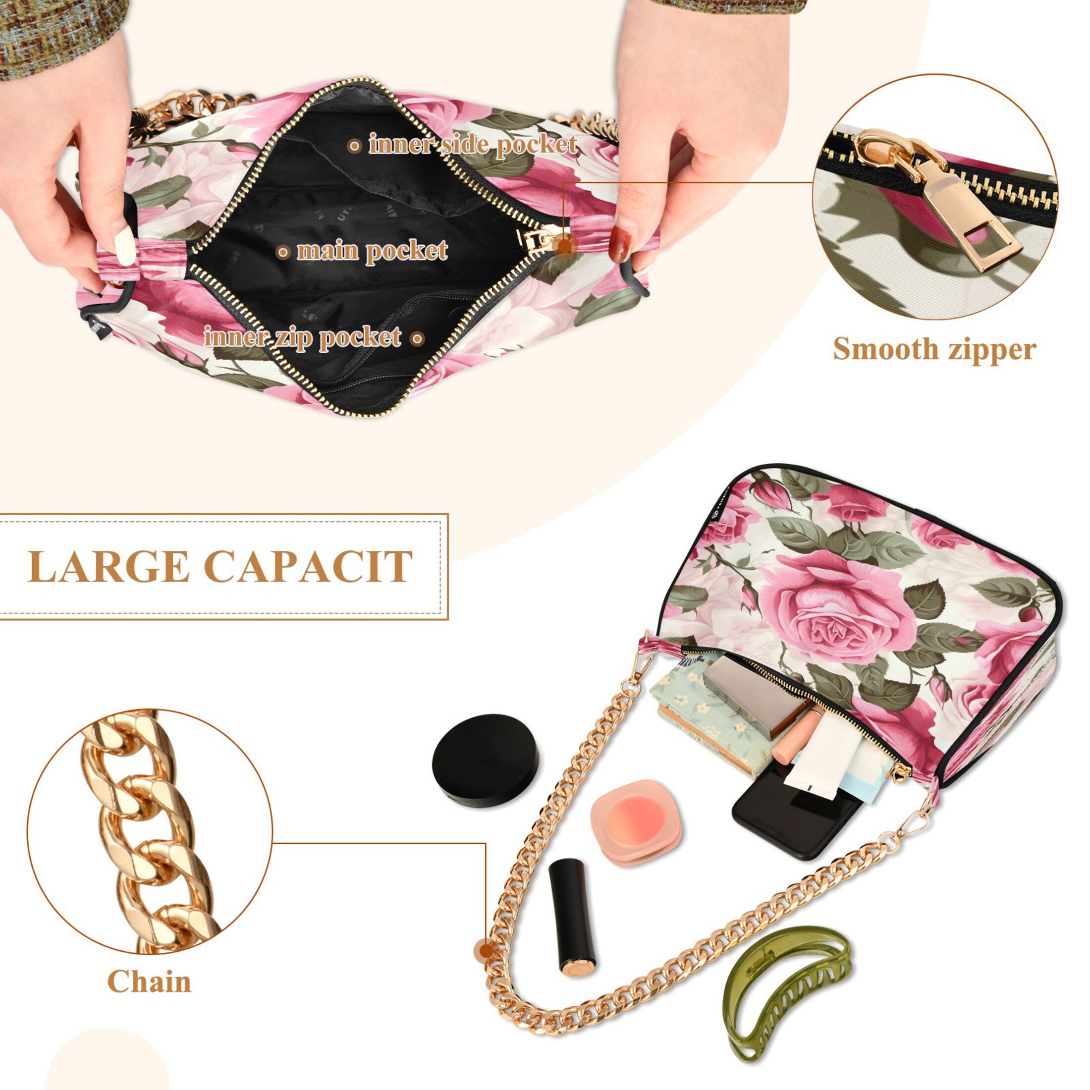 Ryvnso Roses Flower Womens Chain Shoulder Bag Tote Handbags Clutch Hobo Purse with Zipper for Travel