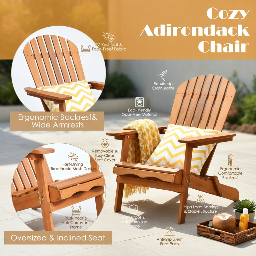 Hommoo 3-Piece Eucalyptus Adirondack Chair Set with Wide Armrests, Foldable Outdoor Patio Chairs & Side Table, Natural