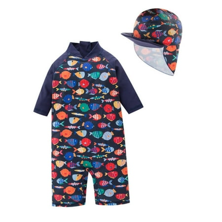 Youmylove Boys Swimsuits Set Children s Rash Guard Swimwear Summer Boys Swimsuit With Hat Cartoon Print One Piece Zipper Bathing Suit 5-6 Years