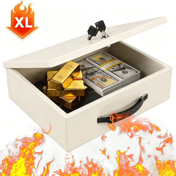 Fireproof Document Box with Key Lock, Fire Resistant Safe Box for Valuables, Portable Fireproof Lock Box for Personal Items, Jewelry,Passport, Cash, Tablet, X Large 13.2" x 11" x 4.13"white