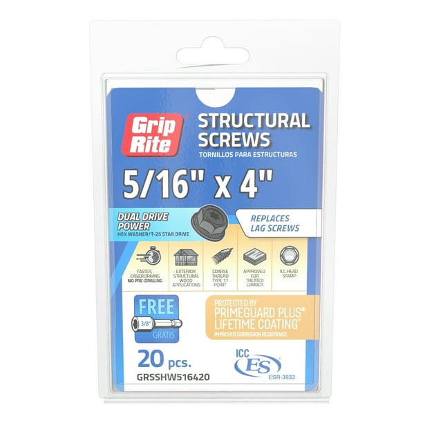 GripRite 5/16 x 4 in. Structural Screw Dual Drive/Hex Washer Head 20CT