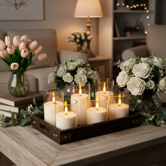 Goyuon 6 Pack Pure White Flickering Flameless Pillar Candles, Acrylic LED Battery Operated Candles with Remote Control & Timer for Home Wedding Party Decor