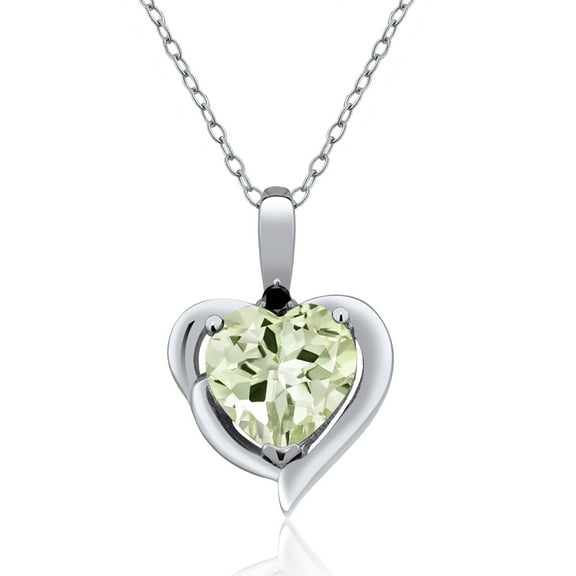 Gem Stone King 925 Sterling Silver Green Prasiolite and Black Diamond Heart Shape Pendant Necklace for Women (1.77 Cttw, Heart 8MM, Gemstone Birthstone, with 18 inch Chain)