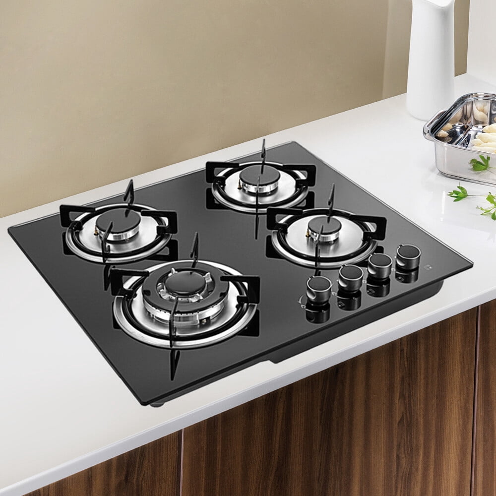 23” Built-in Gas Cook Cooktop Stove, 4 Burner NG/LPG Gas Hob Cooktop Electronic Ignition High-Power Gas Stove Countertop Tempered Glass Easy to Clean Cooker