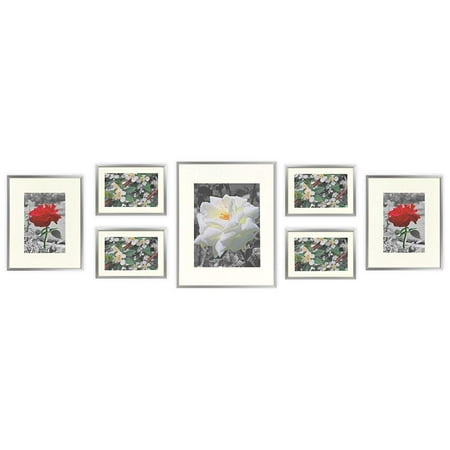 Metal Frame Art Golden State Art, Metal Wall Photo Frame Collection, Set of 7, Aluminum Silver Photo Frame with Ivory Color Mat and Real Glass ()