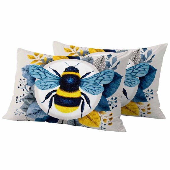 Pack of 2 Farmhouse Bees Outdoor Pillow Covers Decorative, Waterproof Pillow Protector, Spring Summer Gray Blue Flowers Blossom Lumbar Throw Pillowcases for Patio Couch Sofa Home Decor 20"x12"