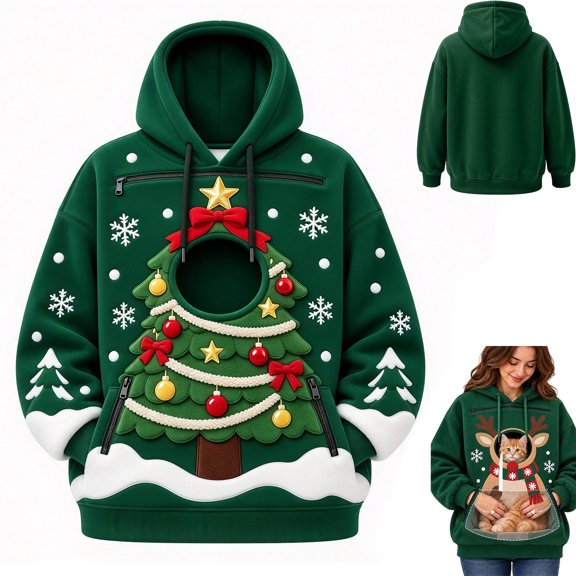 Sweatshirt with Dog Pouch, Cozy Fleece Lined, Pet Pouch Hoodie, Funny Cute Santa Graphic, Zipper Kangaroo Pocket