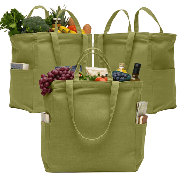 Heavy Duty Reusable Canvas Grocery Bags - 3 Pack, 100% Cotton 12Oz with Duo Handles, XL Large Kitchen Grocery Bags, Reusable Shopping Bags for Groceries, Foldable Tote Bag (Sage)