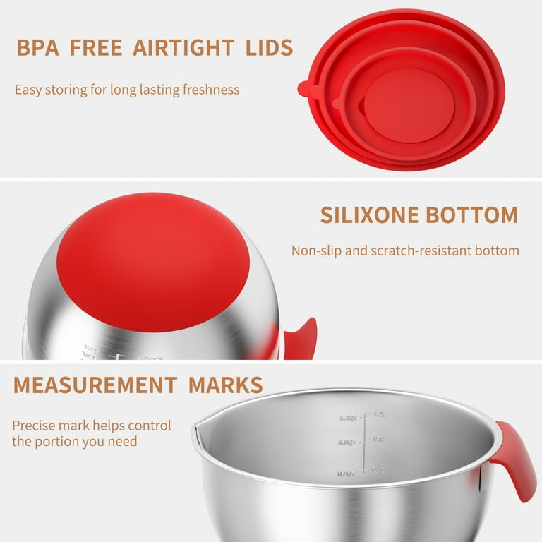 Stainless Steel Mixing, Bowls Silicone Handle and Non-Slip Bottoms Bowls