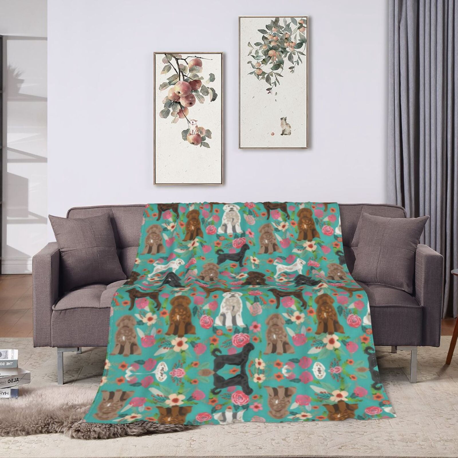 Wijzvio Labradoodle Dogs Lovers Flower Floral Throw Blanket Soft Fuzzy Fleece Blanket For Couch Bed Living Room Decoration 80"X60"