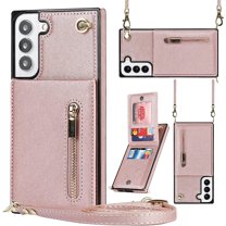 Samsung Galaxy S21 FE 5G Cases with Card Holder for Women,Crossbody Phone Case for Samsung S21 FE with Strap,Leather PU Lanyard Magnetic Clasp Zipper Wallet Case with Kickstand,6.4" Rosegold