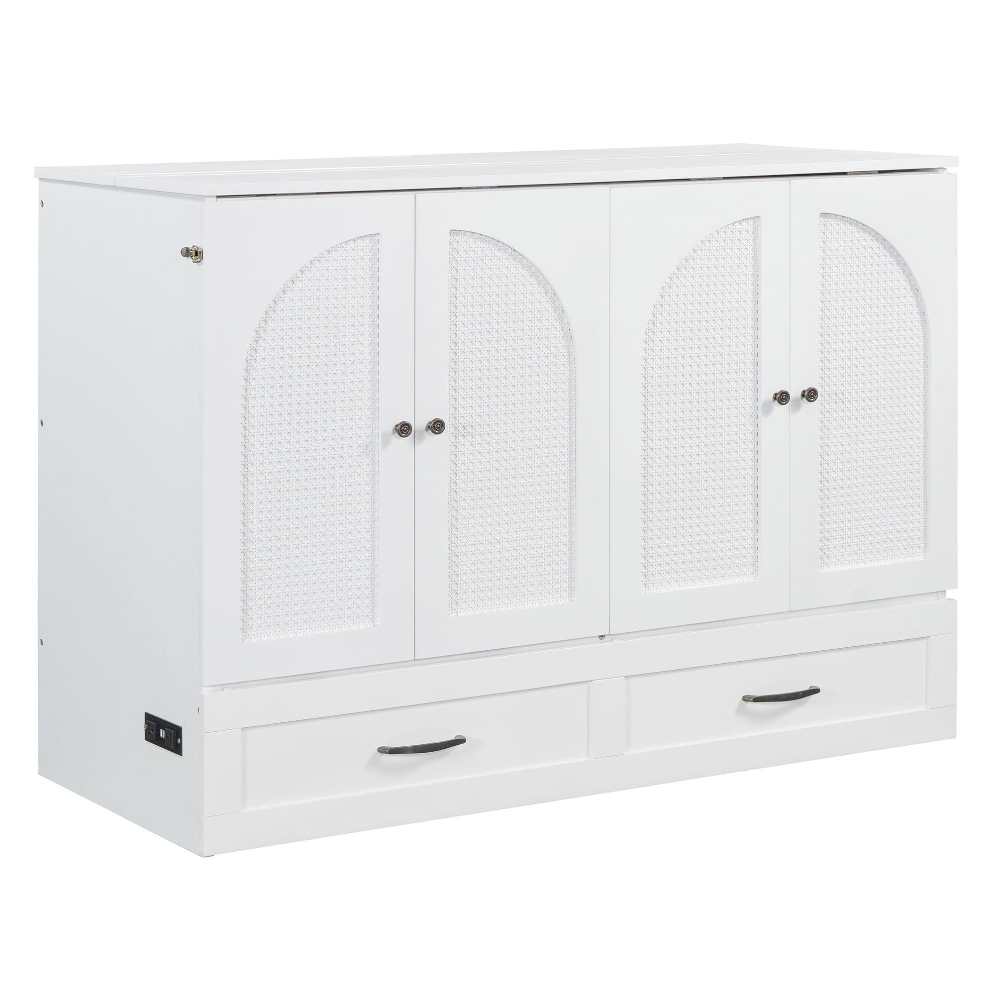 Harper & Bright Designs Rattan Full Size Murphy Bed, Wooden Full Murphy Bed Frame with Large Drawers, Folding Wall Chest Cabinet Bed for Guest Room, White