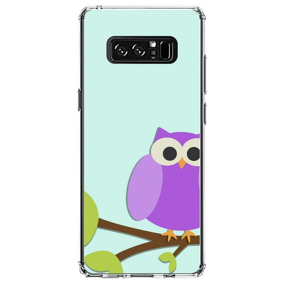 DistinctInk Clear Shockproof Hybrid Case for Samsung Galaxy Note 8 - TPU Bumper, Acrylic Back, Tempered Glass Screen Protector - Purple Owl Cartoon - Cartoon Owls