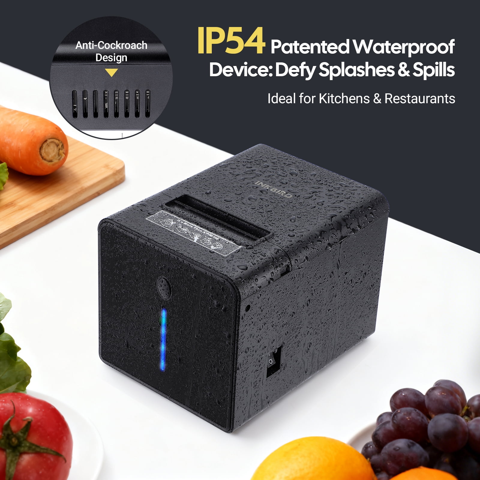 INKBIRD Thermal Receipt Printer, Waterproof IP54 Kitchen POS Printer, Ethernet USB RJ11, 230mm/s Direct Thermal Printing, Wall-Mounted, Ideal for Restaurant Cafe Supermarket
