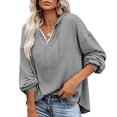 thumbnail image 2 of Mujeres con capucha Top encaje empalme cuello en V hombro caído cordón suéter suelto sudaderas para dama, 2 of 5