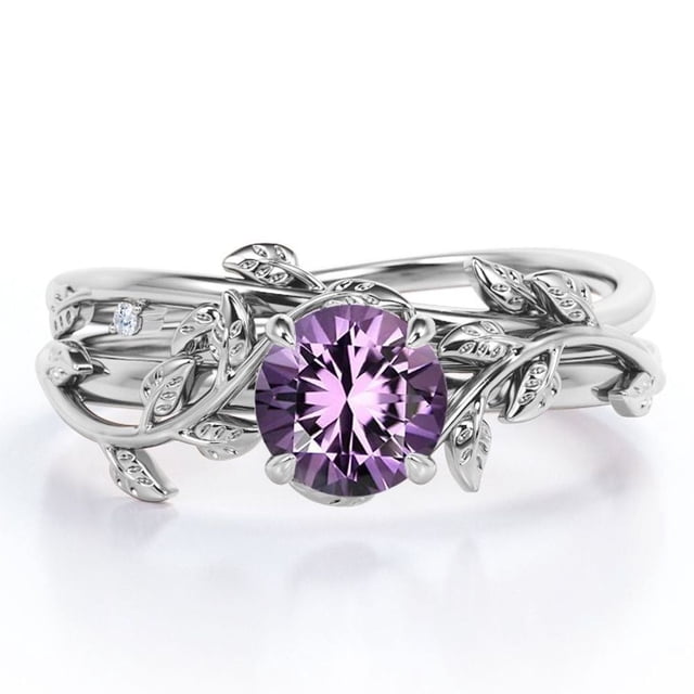 JeenMata Anillo de Bodas Solitario con Hoja y Enredadera Amatista Violeta de Talla Redonda de 0,5 TCW; Baño de Oro Blanco de 18 K sobre Plata