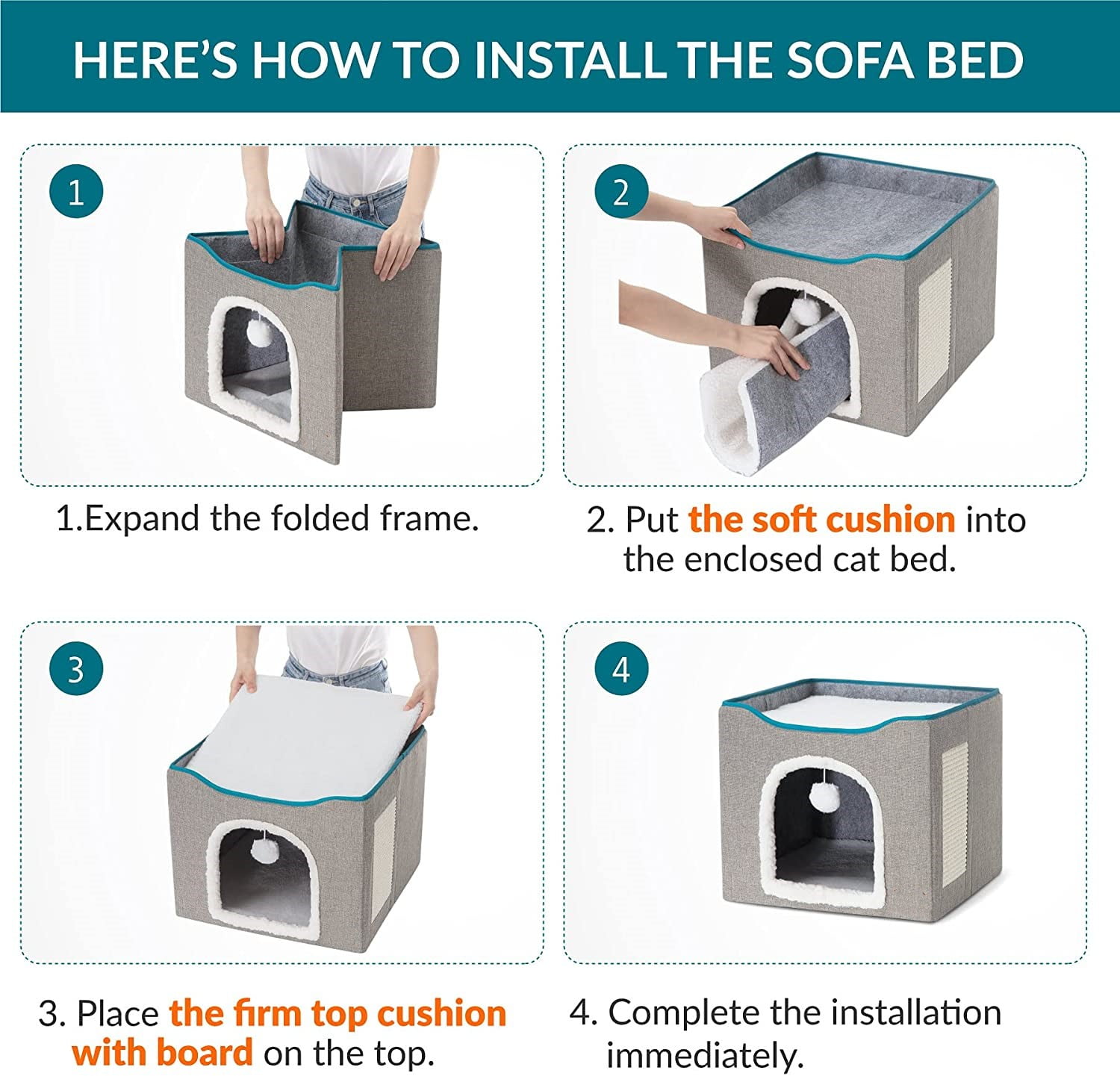 Cat Bed, HDJ Cat House with Scratch Pad and Fluffy Ball Hanging for Cat, Dog,Pets ,16.5x16.5x14 inches, Grey