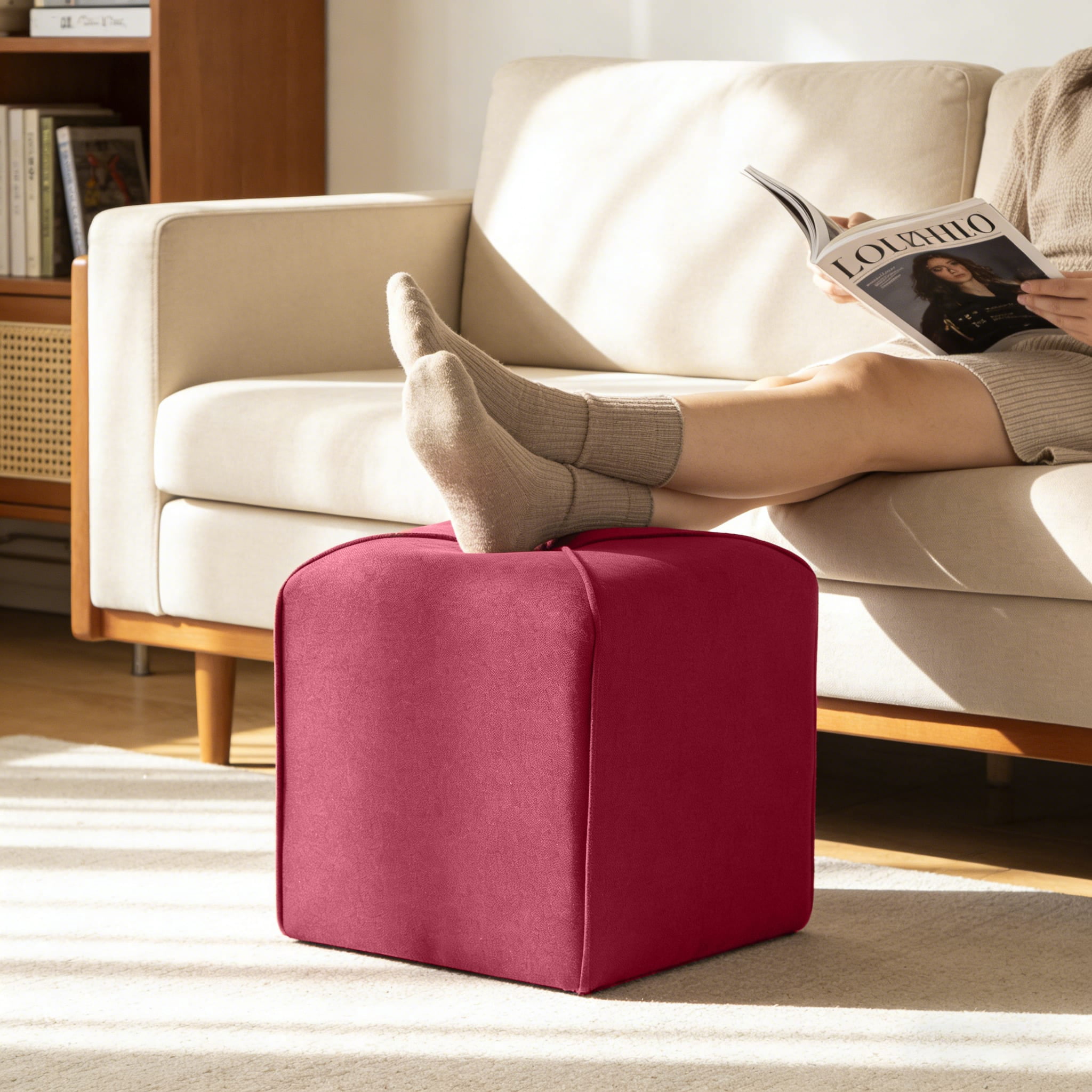Gewnee 16.54" Square Linen Upholstered Ottoman Footrest For Home Office Red
