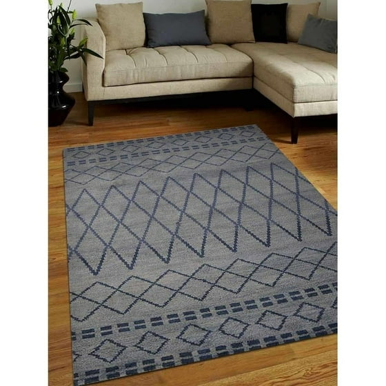 Hand Knotted Wool Area Rug Geometric Light Blue 5 X 8