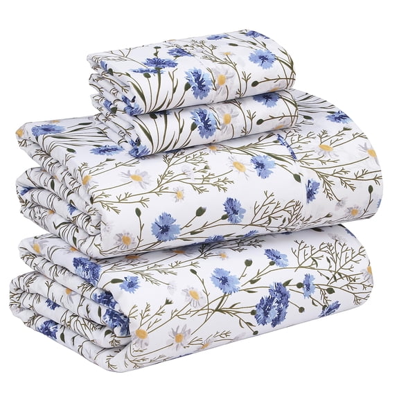 RUVANTI 100% Cotton Sheets – King Size Percale Bedding, Cooling & Breathable Floral Design, Durable with a Crisp, Soft & Comfortable Feel, 16" Deep Pocket, 4-Piece Set, Sweet Pea
