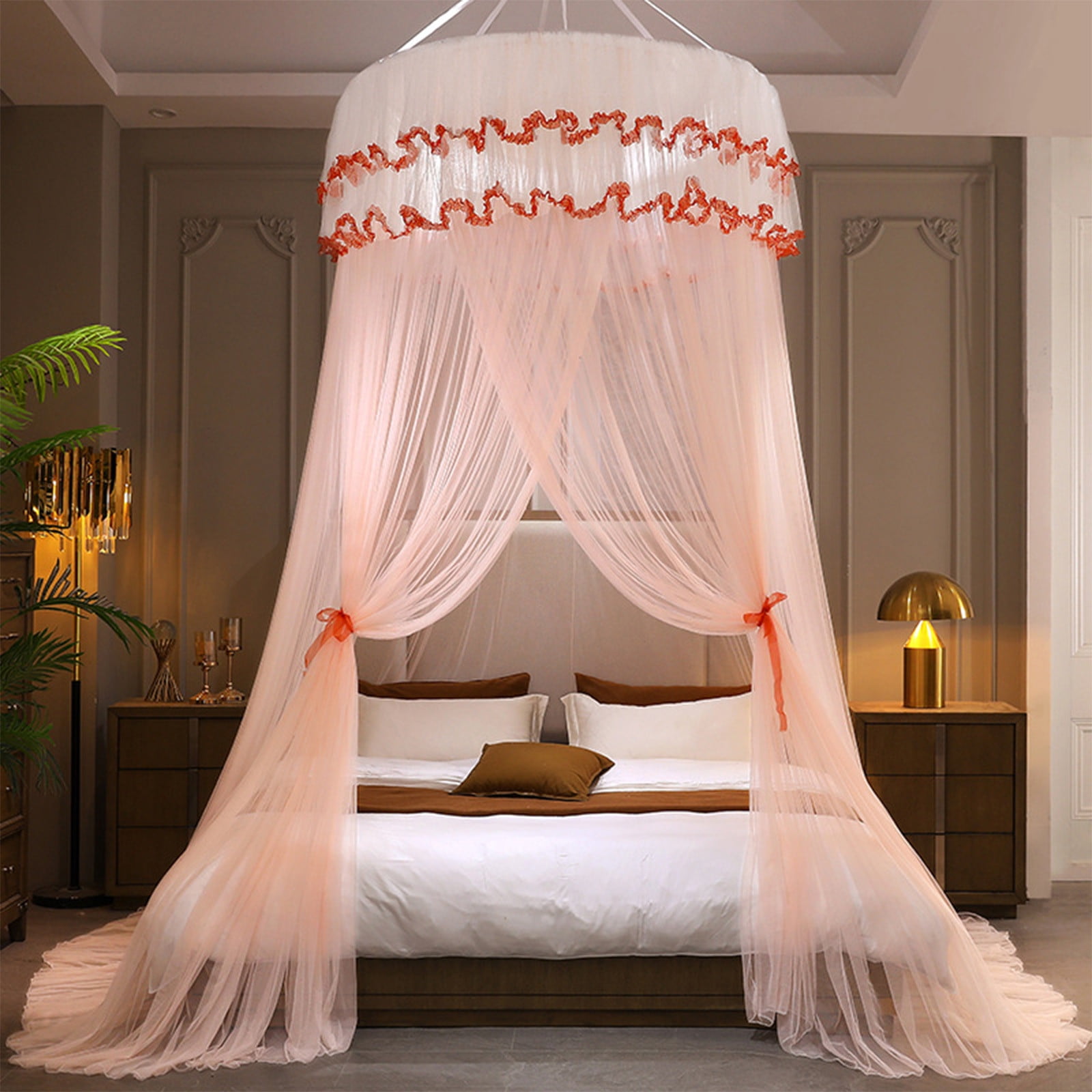 Princess-Style Bed Canopy with Mosquito Net, Ruffled Lace Ceiling-Mounted Dome, Foldable Polyester Fabric