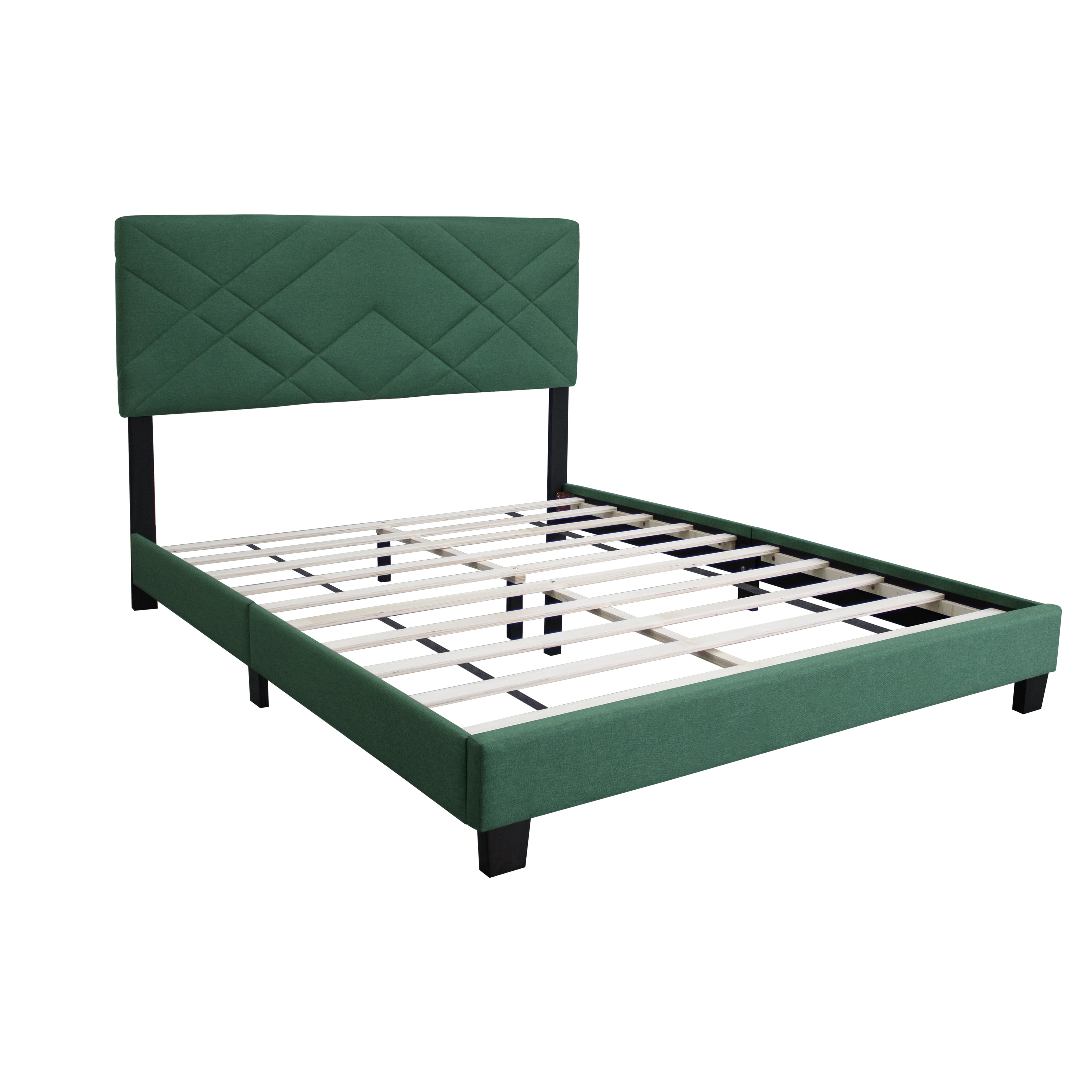 Euroco Upholstered Queen Size Platform Bed, Adjustable Headboard, Green