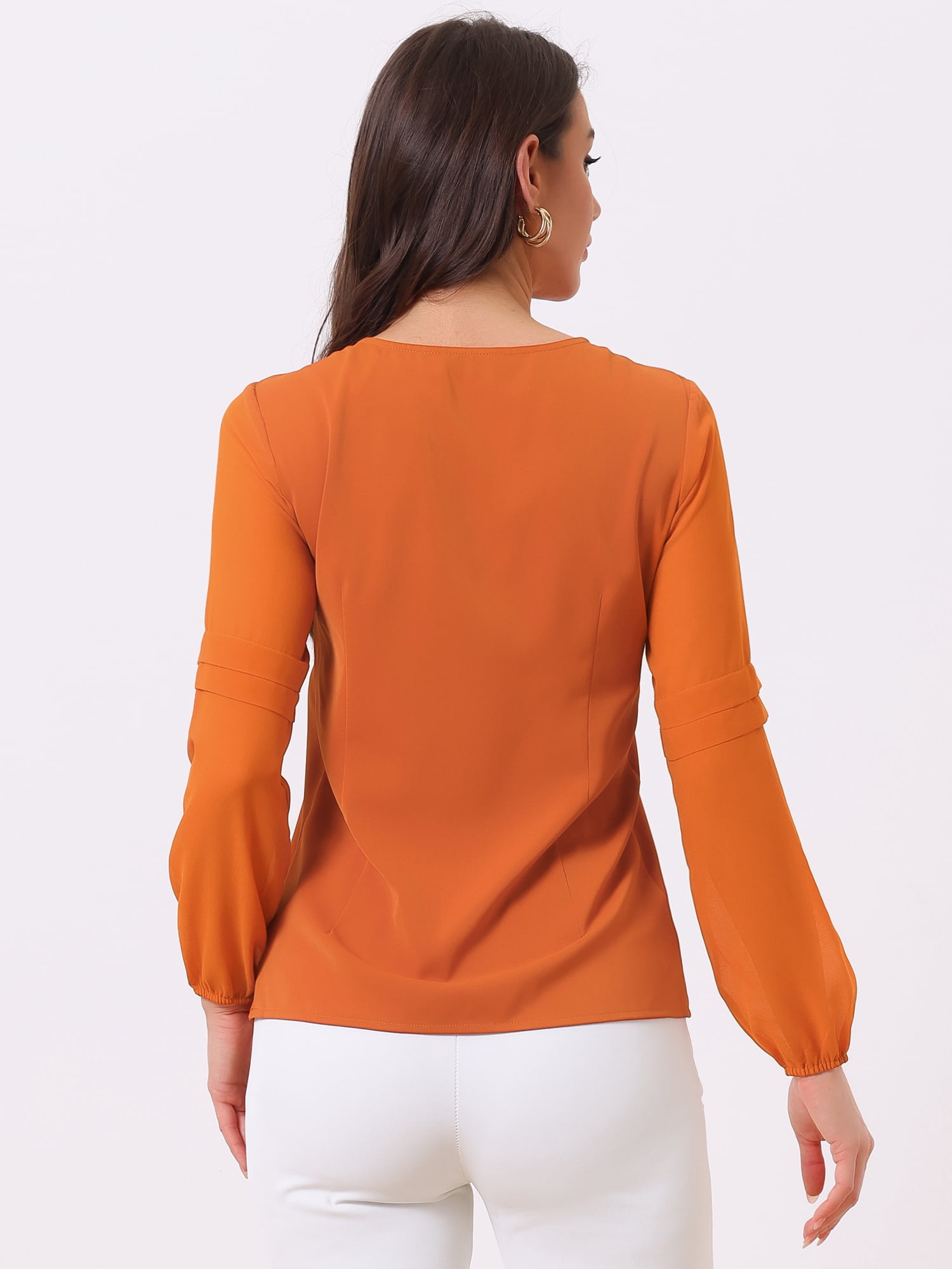 DARING DIVA Chiffon Semi Sheer Long Sleeves Keyhole Neck Blouse S Dark Orange