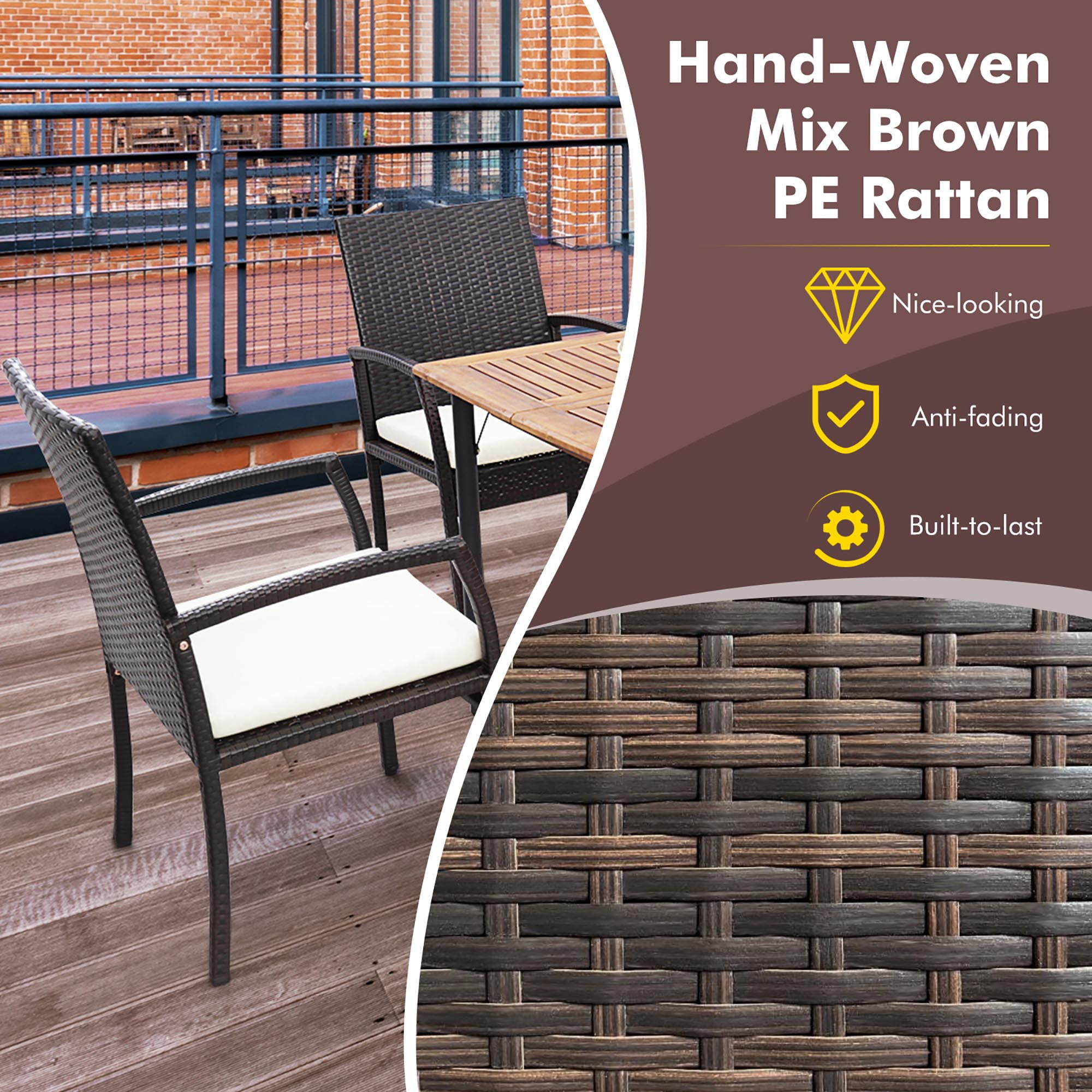 Gymax 2PCS Patio PE Rattan Wicker Dining Armchairs Outdoor Chair w/ Removable Cushion
