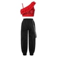 thumbnail image 2 of Yeahdor Kids Girls Hip Hop Dance Outfit Shiny Sequins Ruffles Trim Crop Top with Jogger Pants Dance Suit Red 6, 2 of 7