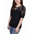 thumbnail image 2 of NY Collection Womens Puff Lace Sleeve Knit Blouse, Black, Petite, PXL, 2 of 3