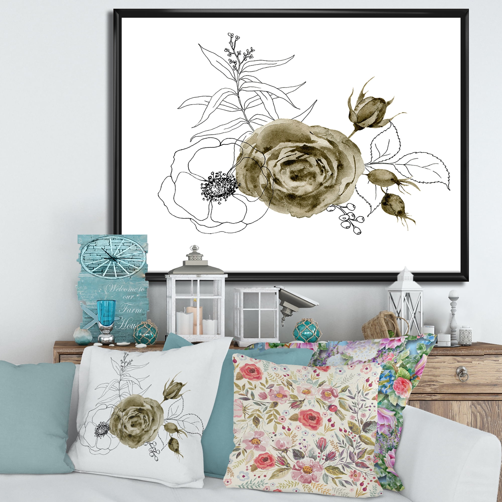 Designart 'Eucalyptus Branches With Anemone Bouquet Flower I' Traditional Framed Canvas Wall Art Print