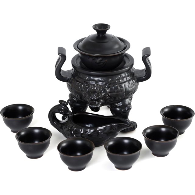 Chinese Gongfu Tea Set for 6, Rotating Tea Cup with Semi-automatic Base, Porcelain Tea Set for Home, Handmade Ceramic Tea Cups, Fair Cup, Gaiwan, Black