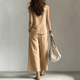 thumbnail image 5 of Linen-Blend Sleeveless Tank Top & Wide Leg Pants Two Piece Set for Women, Square Neck Loose Fit Palazzo Lounge Outfit - Solid Color Summer Casual Co-ord Khaki XXL, 5 of 5