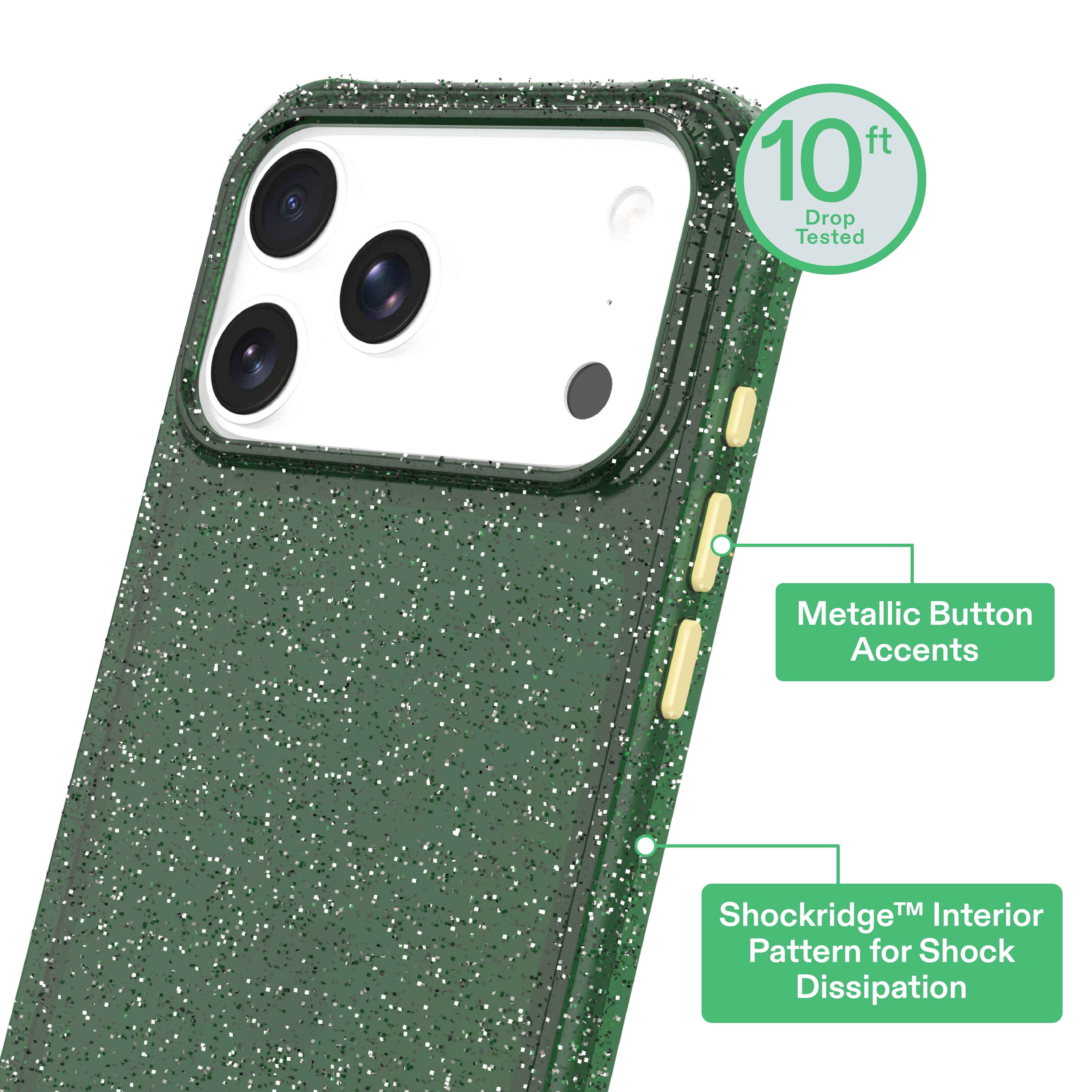 onn Sparkle Phone Case for iPhone 17 Pro - Green with Gold Glitter