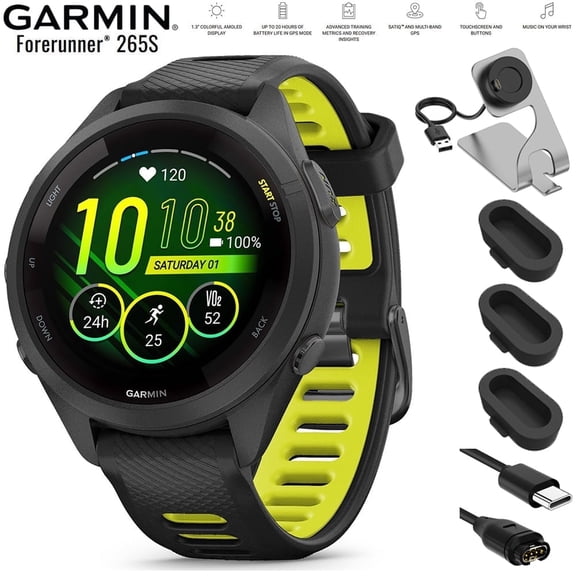 Garmin 010-02810-03 Forerunner 265S GPS Smartwatch Black/Amp Yellow Bundle with Deco Essentials Charging Dock, Silicone Dust Cover 3 Pack and USB Type C Charging Cable