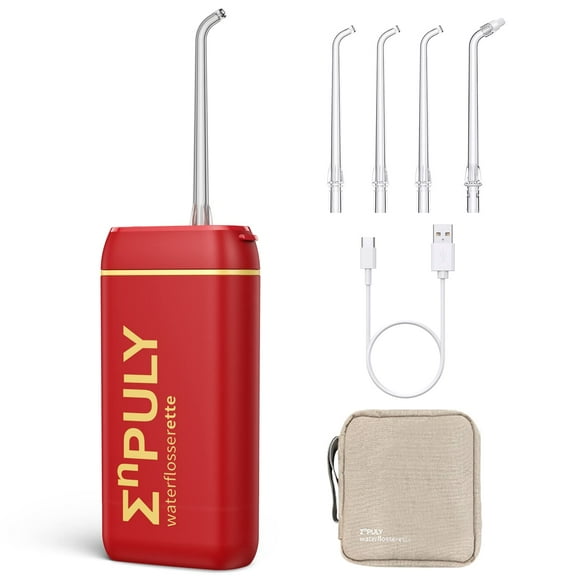 ENPULY Water Flosser Cordless for Teeth,Mini Portable Dental Irrigator with 5 Jet Tips,Rechargeable Dental Water Flosser for Braces Bridges,3 Modes & IPX8 Waterproof,for Travel & Home (Red Gold) C35