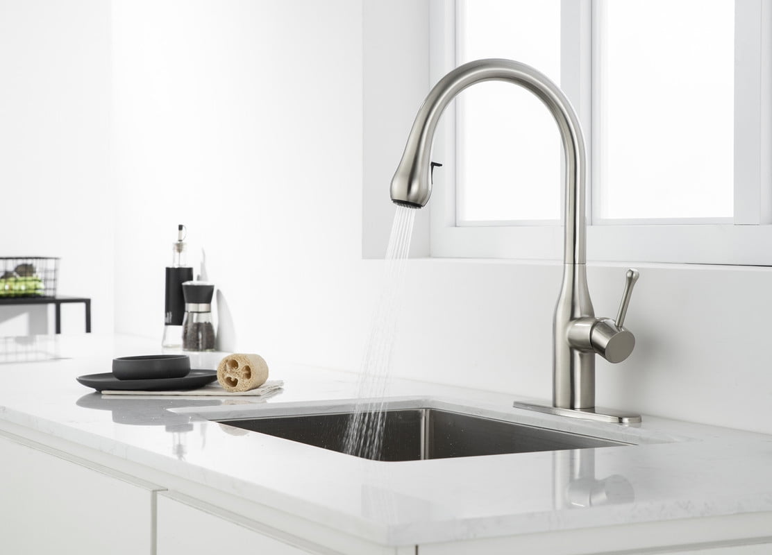 AUKTOPT Modern Hidden Pull-Out Kitchen Faucet with 2 Water Modes, Swivel High Arc Kitchen Sink Faucet with Deck Plate Suit to 1 or 3 Holes , Solid Brass Construction, Brushed Nickel