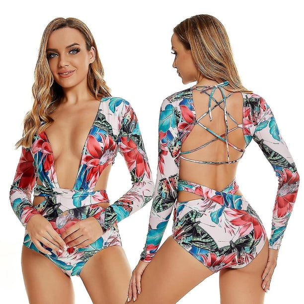 Traje de baño de una pieza para mujer, traje de baño de manga larga con protección contra erupciones, traje de baño con cordones