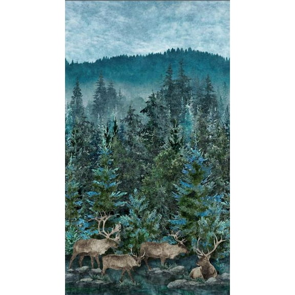 24" X 44" Panel Stonehenge Migration Deer Elk Woods Cotton Fabric Panel D479.05