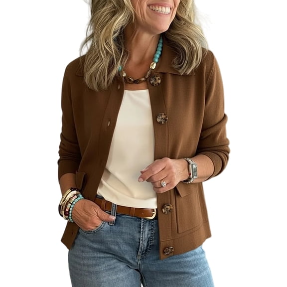 CIENVNSTG Cardigan Sweaters for Women Knit Button Down Jacket Long Sleeve Sweater Blazer Casual Cardigan Coats with Pockets Brown M