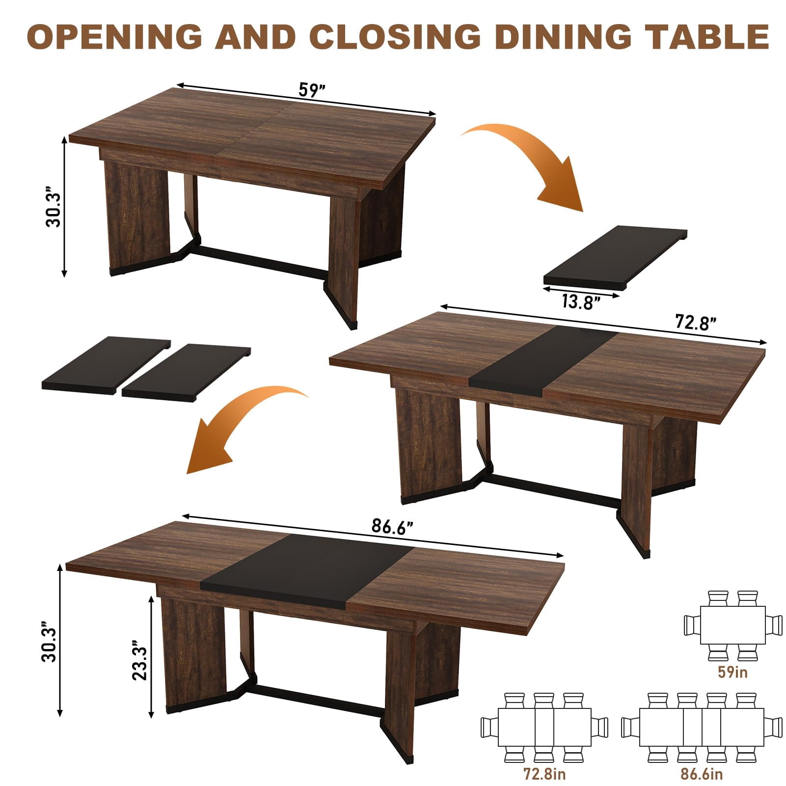 Blotout Extendable Dining Table for 6-10 Person, 59'' to 86.6'' Modern Farmhouse Wooden Kitchen Table, Rectangle Expandable Dining Room Table, Large Expanding Table (Rustic Brown)