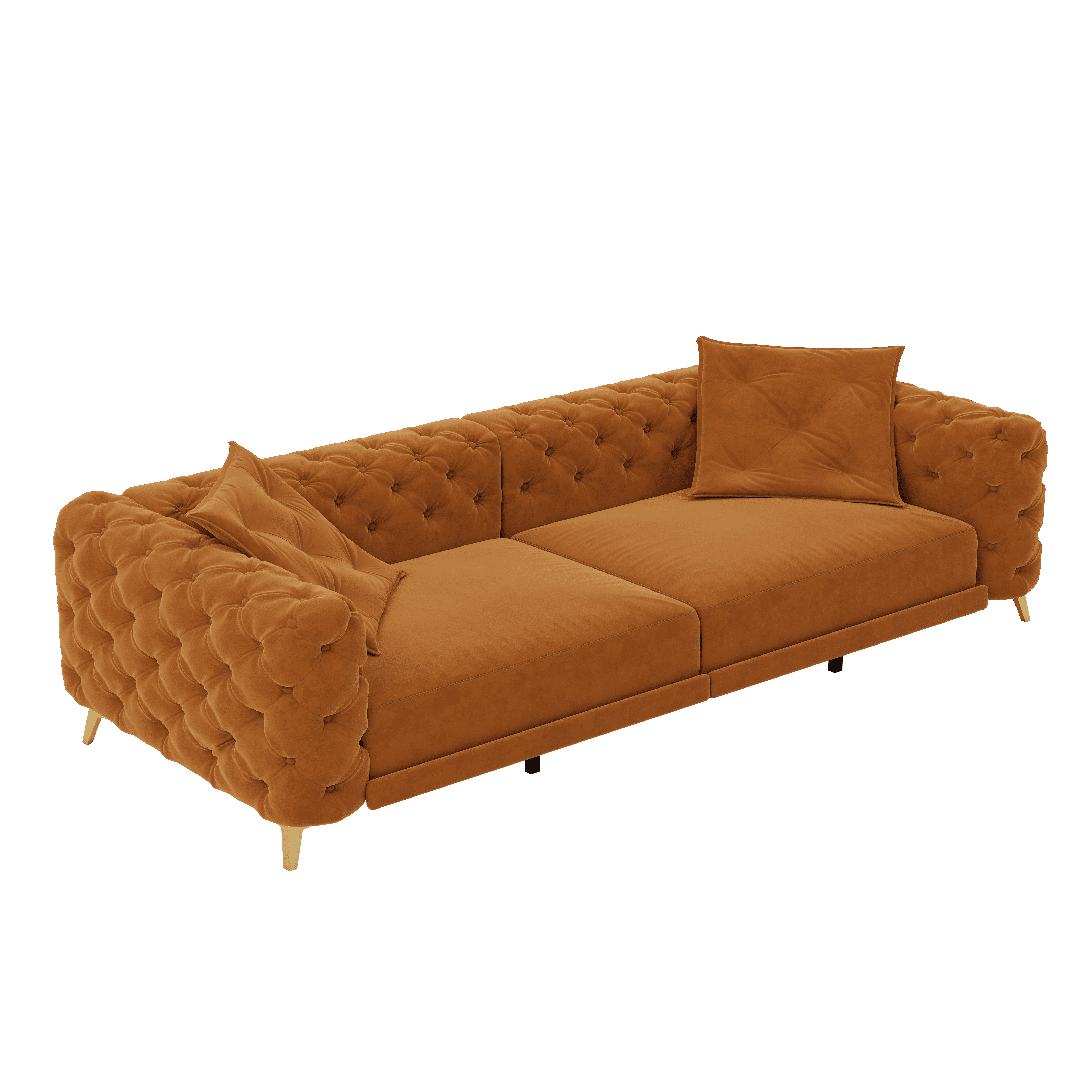 3-in-1 Velvet Sleeper Sofa Bed, 97.7" Modern Button Tufted Convertible Pull Out Couch with Gold Metal Legs & Deep Seat for Living Room, Orange
