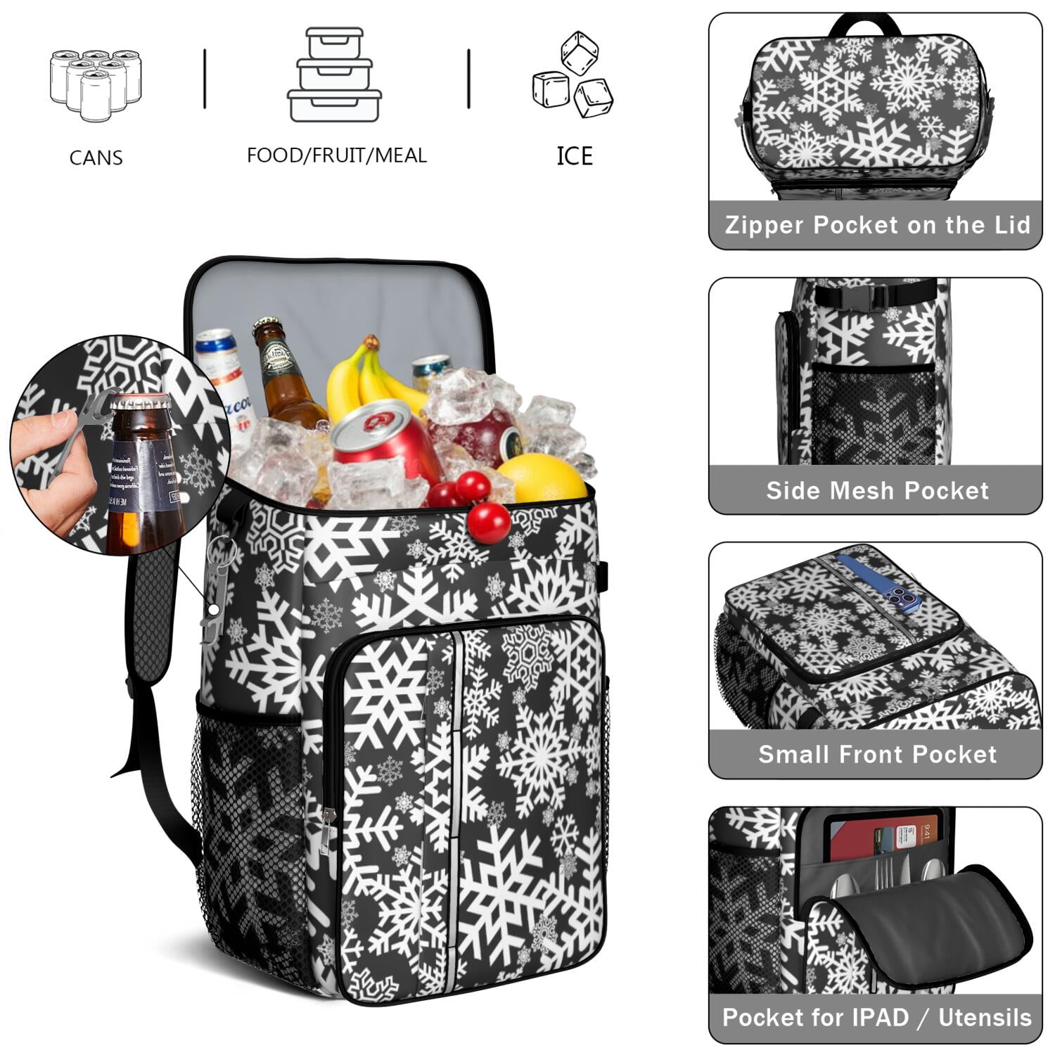 Travel Cooler Bag - Black Christmas Snowflake Pattern Camping Beer Cooler Backpack with Bottle Opener- Waterproof Insulated Picnic Backpacks - Cooler Bag for Beach