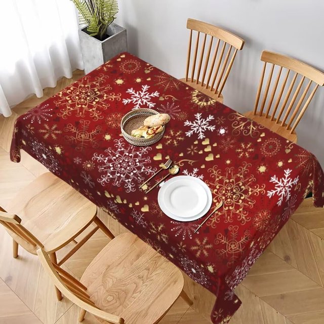 Nappe de Noël 60 x 84 Pouces Rectangle Forme Cœur d'Amour Doré Flocons de Neige Rouges Nappe en Tissu Ferme Hiver Vacances Décorative pour Pique-Nique Fête Maison Intérieur Extérieur