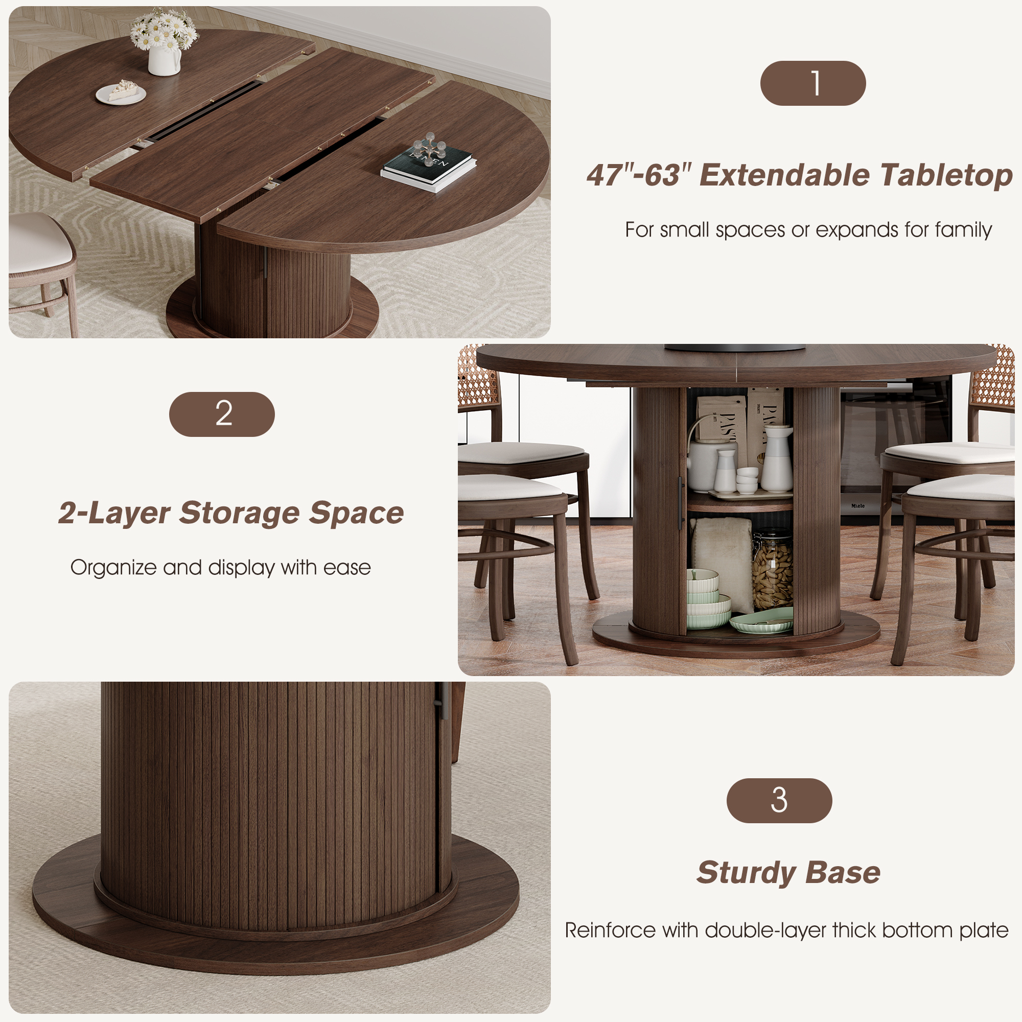 Round Dining Table for 4-8, Extendable Oval Kitchen Dining Room Table 47”-63” with Storage, Mid Century Modern Dinner Table, Walnut