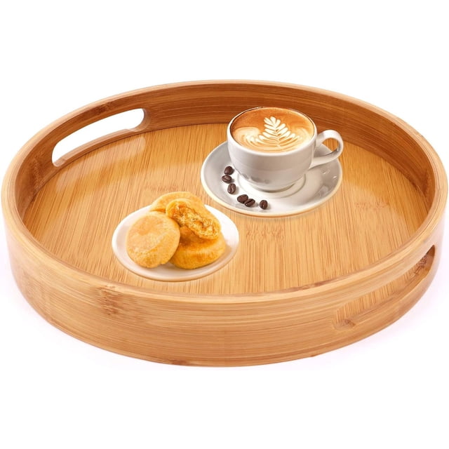Bandeja para servir de bambú, bandeja redonda para servir con asas, bandeja para desayuno, bandeja para servir café, vino, té, fruta, comida (30X30cm)