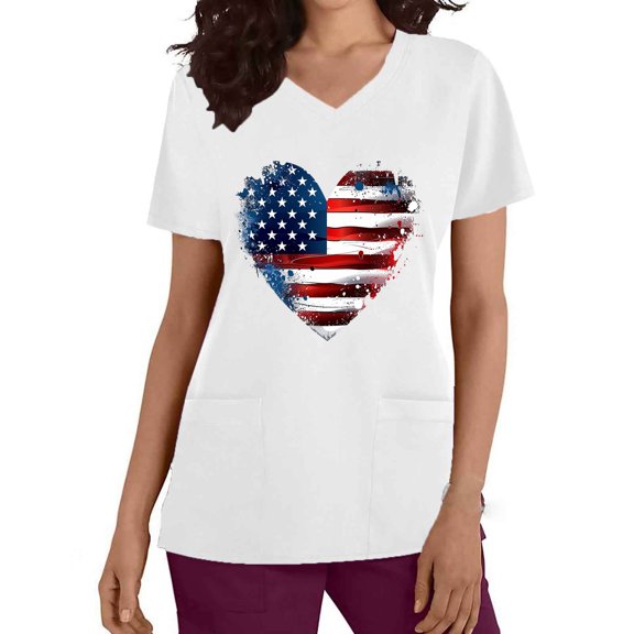 Gamivast Scrubs for Women Usa Flag Heart Print V-Neck Nursing Scrubs Quick-Dry Breathable Scrub Tops Loose Fit Wrinkle Resistant Healthcare Uniform