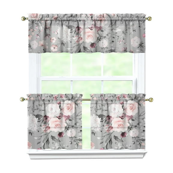 Vintage Blooming Curtains 24 Inch - 3 Panel Rustic Farmhouse Set with Wildflowers, Boho Chic Kitchen Window Drapes