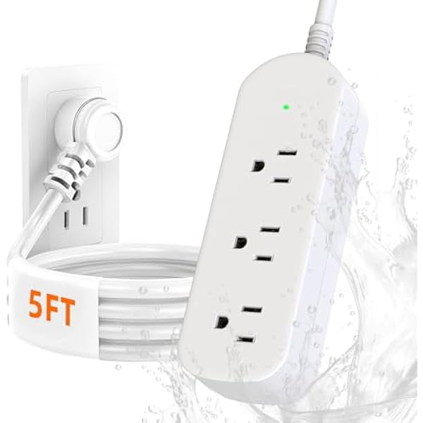 Multiprise Anti-Surtension, Grade IPX6 Étanche Extérieur/intérieur Résistant aux Intempéries avec 3 Prises AC, Rallonge de 5 Pieds, Montable au Mur pour Maison, Bureau, Camping-Blanc