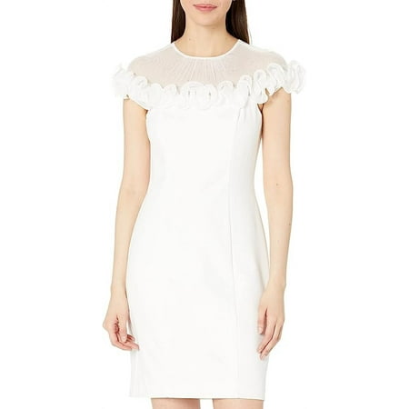 Adrianna Papell IVORY Women's Rosette Ruffle Trim Crepe Sheath Dress, US 10